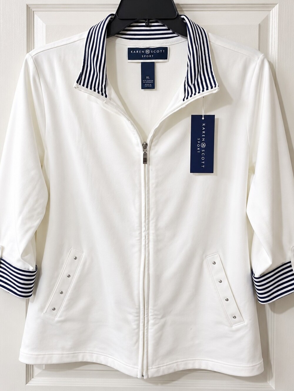 NWT Karen Scott Sport White Zip Front Jacket Striped Collar XL